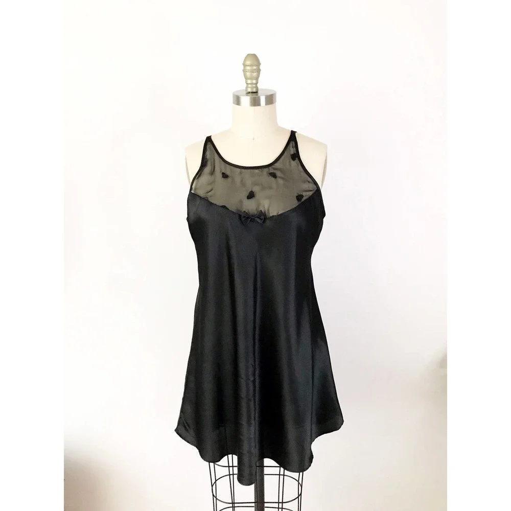 Black Mesh Slip Dress‎ with Bow Heart Print Satin - Picture 3 of 8